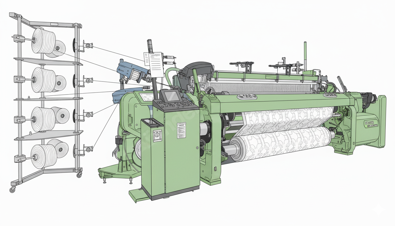 Dornier dokuma makinesi çizgisel illüstrasyon